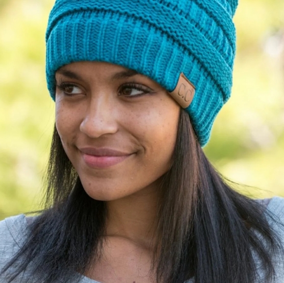 NWT Teal Blue CC Beanie Cable Knit Winter Slouchy Cap Hat - Picture 2 of 7